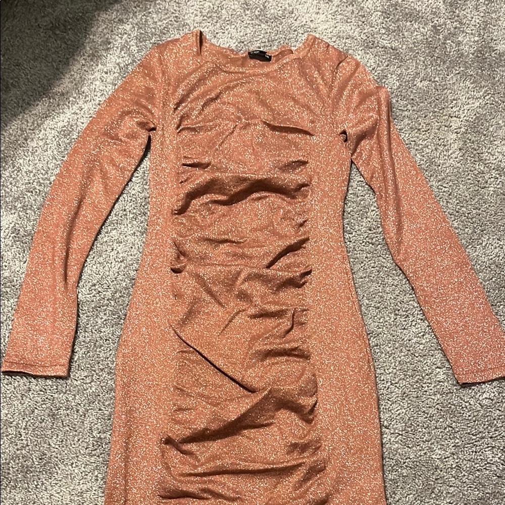 Elegant Shimmering Rust Long Sleeve Dress